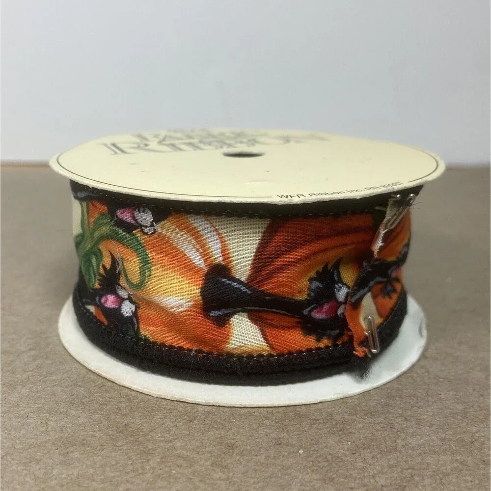 Fabric Ribbon Black Cat Pumpkin 1.25 in Halloween 4 Yards Spooled Vintage